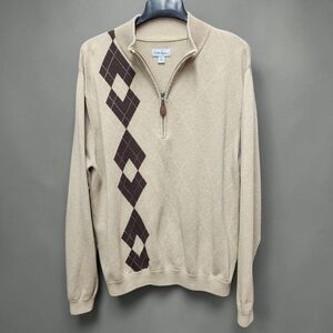 Walter Hagen Argyle Golf Sweater Mens XL Beige Brown 1/4 Zip Mock Neck Preppy